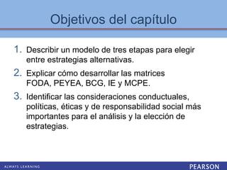 1. Describir un modelo de tres etapas para elegir
entre estrategias alternativas.
2. Explicar cómo desarrollar las matrices
FODA, PEYEA, BCG, IE y MCPE.
3. Identificar las consideraciones conductuales,
políticas, éticas y de responsabilidad social más
importantes para el análisis y la elección de
estrategias.
Objetivos del capítulo
 