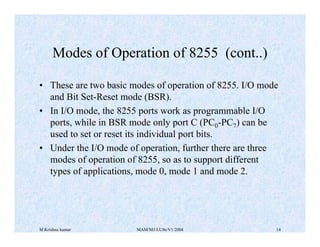 M Krishna kumar MAM/M3/LU9e/V1/2004 14
Modes of Operation of 8255 (cont..)
• These are two basic modes of operation of 8255. I/O mode
and Bit Set-Reset mode (BSR).
• In I/O mode, the 8255 ports work as programmable I/O
ports, while in BSR mode only port C (PC0-PC7) can be
used to set or reset its individual port bits.
• Under the I/O mode of operation, further there are three
modes of operation of 8255, so as to support different
types of applications, mode 0, mode 1 and mode 2.
 