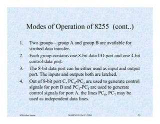 M Krishna kumar MAM/M3/LU9e/V1/2004 25
1. Two groups – group A and group B are available for
strobed data transfer.
2. Each group contains one 8-bit data I/O port and one 4-bit
control/data port.
3. The 8-bit data port can be either used as input and output
port. The inputs and outputs both are latched.
4. Out of 8-bit port C, PC0-PC2 are used to generate control
signals for port B and PC3-PC5 are used to generate
control signals for port A. the lines PC6, PC7 may be
used as independent data lines.
Modes of Operation of 8255 (cont..)
 