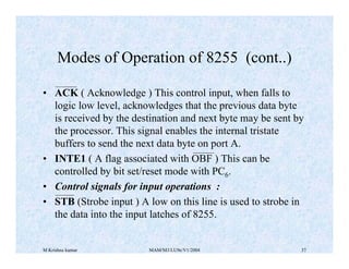 M Krishna kumar MAM/M3/LU9e/V1/2004 37
• ACK ( Acknowledge ) This control input, when falls to
logic low level, acknowledges that the previous data byte
is received by the destination and next byte may be sent by
the processor. This signal enables the internal tristate
buffers to send the next data byte on port A.
• INTE1 ( A flag associated with OBF ) This can be
controlled by bit set/reset mode with PC6.
• Control signals for input operations :
• STB (Strobe input ) A low on this line is used to strobe in
the data into the input latches of 8255.
Modes of Operation of 8255 (cont..)
 