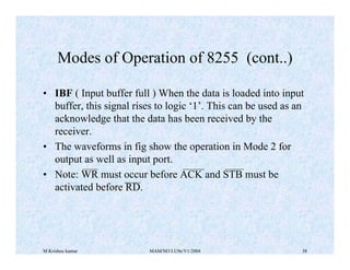 M Krishna kumar MAM/M3/LU9e/V1/2004 38
• IBF ( Input buffer full ) When the data is loaded into input
buffer, this signal rises to logic ‘1’. This can be used as an
acknowledge that the data has been received by the
receiver.
• The waveforms in fig show the operation in Mode 2 for
output as well as input port.
• Note: WR must occur before ACK and STB must be
activated before RD.
Modes of Operation of 8255 (cont..)
 