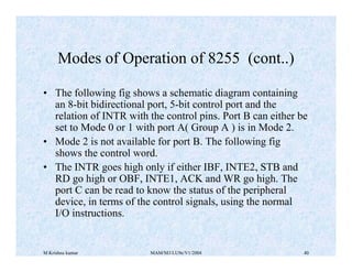 M Krishna kumar MAM/M3/LU9e/V1/2004 40
• The following fig shows a schematic diagram containing
an 8-bit bidirectional port, 5-bit control port and the
relation of INTR with the control pins. Port B can either be
set to Mode 0 or 1 with port A( Group A ) is in Mode 2.
• Mode 2 is not available for port B. The following fig
shows the control word.
• The INTR goes high only if either IBF, INTE2, STB and
RD go high or OBF, INTE1, ACK and WR go high. The
port C can be read to know the status of the peripheral
device, in terms of the control signals, using the normal
I/O instructions.
Modes of Operation of 8255 (cont..)
 