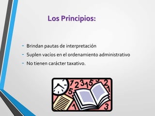 Los Principios:
- Brindan pautas de interpretación
- Suplen vacíos en el ordenamiento administrativo
- No tienen carácter taxativo.
 