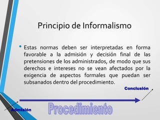 Principio de Informalismo
• Estas normas deben ser interpretadas en forma
favorable a la admisión y decisión final de las
pretensiones de los administrados, de modo que sus
derechos e intereses no se vean afectados por la
exigencia de aspectos formales que puedan ser
subsanados dentro del procedimiento.
Admisión
Conclusión
 