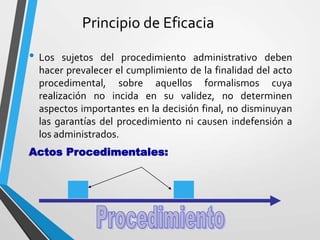 Principio de Eficacia
• Los sujetos del procedimiento administrativo deben
hacer prevalecer el cumplimiento de la finalidad del acto
procedimental, sobre aquellos formalismos cuya
realización no incida en su validez, no determinen
aspectos importantes en la decisión final, no disminuyan
las garantías del procedimiento ni causen indefensión a
los administrados.
Actos Procedimentales:
 