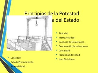 Principios de la Potestad
sancionadora del Estado
• Legalidad
• Debido Procedimiento
• Razonabilidad
• Tipicidad
• Irretroactividad
• Concurso de Infracciones
• Continuación de Infracciones
• Causalidad
• Presunción de licitud
• Non Bis in Idem.
 