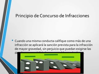 Principio de Concurso de Infracciones
• Cuando una misma conducta califique como más de una
infracción se aplicará la sanción prevista para la infracción
de mayor gravedad, sin perjuicio que puedan exigirse las
demás responsabilidades que establezcan las leyes.
 