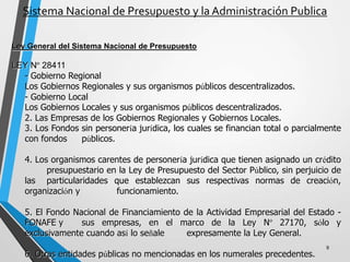 Sistema Nacional de Presupuesto y la Administración Publica
9
Ley General del Sistema Nacional de Presupuesto
LEY Nº 28411
- Gobierno Regional
Los Gobiernos Regionales y sus organismos públicos descentralizados.
- Gobierno Local
Los Gobiernos Locales y sus organismos públicos descentralizados.
2. Las Empresas de los Gobiernos Regionales y Gobiernos Locales.
3. Los Fondos sin personería jurídica, los cuales se financian total o parcialmente
con fondos públicos.
4. Los organismos carentes de personería jurídica que tienen asignado un crédito
presupuestario en la Ley de Presupuesto del Sector Público, sin perjuicio de
las particularidades que establezcan sus respectivas normas de creación,
organización y funcionamiento.
5. El Fondo Nacional de Financiamiento de la Actividad Empresarial del Estado -
FONAFE y sus empresas, en el marco de la Ley Nº 27170, sólo y
exclusivamente cuando así lo señale expresamente la Ley General.
6. Otras entidades públicas no mencionadas en los numerales precedentes.
 