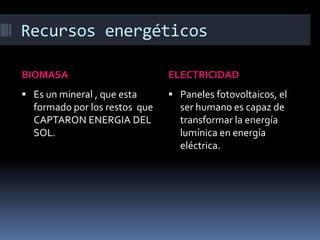 Recursos energéticos
BIOMASA ELECTRICIDAD
 Es un mineral , que esta
formado por los restos que
CAPTARON ENERGIA DEL
SOL.
 Paneles fotovoltaicos, el
ser humano es capaz de
transformar la energía
lumínica en energía
eléctrica.
 
