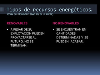 Tipos de recursos energéticos(
SEGÚN SU DISPONIBILIDAD EN EL PLANETA)
RENOVABLES NO RENOVABLES
 A PESAR DE SU
EXPLOTACIÓN PUEDEN
PROYACTARSE AL
FUTURO, NO SE
TERMINAN.
 SE ENCUENTRAN EN
CANTIDADES
DETERMINADAS Y SE
PUEDEN ACABAR.
 