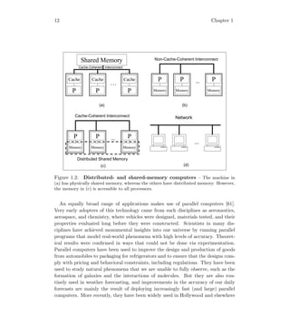 12 Chapter 1
P
Shared Memory
Cache
… …
P
P
P
P P
Cache Cache
(a)
(c)
(b)
Memory Memory Memory
(d)
…
Cache-Coherent Interconnect
P
P P
Memory Memory Memory
Network
…
Cache-Coherent Interconnect
Distributed Shared Memory
Non-Cache-Coherent Interconnect
Figure 1.2: Distributed- and shared-memory computers – The machine in
(a) has physically shared memory, whereas the others have distributed memory. However,
the memory in (c) is accessible to all processors.
An equally broad range of applications makes use of parallel computers [61].
Very early adopters of this technology came from such disciplines as aeronautics,
aerospace, and chemistry, where vehicles were designed, materials tested, and their
properties evaluated long before they were constructed. Scientists in many dis-
ciplines have achieved monumental insights into our universe by running parallel
programs that model real-world phenomena with high levels of accuracy. Theoret-
ical results were conﬁrmed in ways that could not be done via experimentation.
Parallel computers have been used to improve the design and production of goods
from automobiles to packaging for refrigerators and to ensure that the designs com-
ply with pricing and behavioral constraints, including regulations. They have been
used to study natural phenomena that we are unable to fully observe, such as the
formation of galaxies and the interactions of molecules. But they are also rou-
tinely used in weather forecasting, and improvements in the accuracy of our daily
forecasts are mainly the result of deploying increasingly fast (and large) parallel
computers. More recently, they have been widely used in Hollywood and elsewhere
 