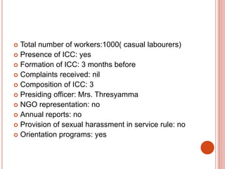  Total number of workers:1000( casual labourers)
 Presence of ICC: yes
 Formation of ICC: 3 months before
 Complaints received: nil
 Composition of ICC: 3
 Presiding officer: Mrs. Thresyamma
 NGO representation: no
 Annual reports: no
 Provision of sexual harassment in service rule: no
 Orientation programs: yes
 