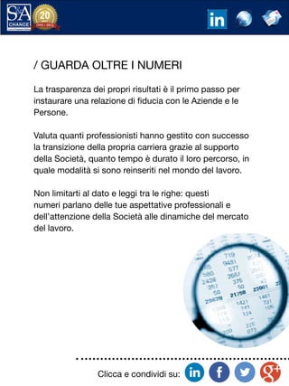 Clicca e condividi su:
/ GUARDA OLTRE I NUMERI
La trasparenza dei propri risultati è il primo passo per
instaurare una relazione di fiducia con le Aziende e le
Persone.
Valuta quanti professionisti hanno gestito con successo
la transizione della propria carriera grazie al supporto
della Società, quanto tempo è durato il loro percorso, in
quale modalità si sono reinseriti nel mondo del lavoro.
Non limitarti al dato e leggi tra le righe: questi
numeri parlano delle tue aspettative professionali e
dell’attenzione della Società alle dinamiche del mercato
del lavoro.
 