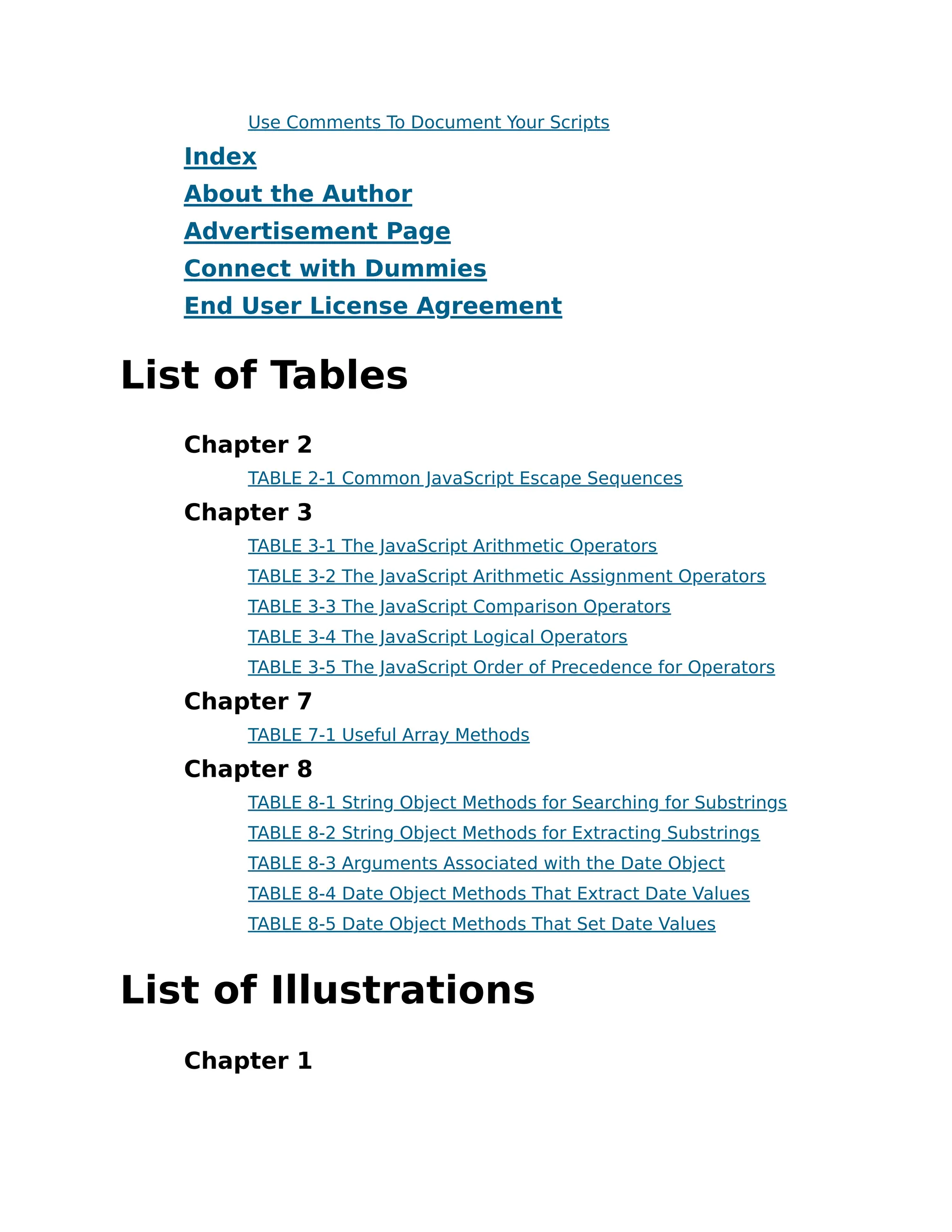 Use Comments To Document Your Scripts
Index
About the Author
Advertisement Page
Connect with Dummies
End User License Agreement
List of Tables
Chapter 2
TABLE 2-1 Common JavaScript Escape Sequences
Chapter 3
TABLE 3-1 The JavaScript Arithmetic Operators
TABLE 3-2 The JavaScript Arithmetic Assignment Operators
TABLE 3-3 The JavaScript Comparison Operators
TABLE 3-4 The JavaScript Logical Operators
TABLE 3-5 The JavaScript Order of Precedence for Operators
Chapter 7
TABLE 7-1 Useful Array Methods
Chapter 8
TABLE 8-1 String Object Methods for Searching for Substrings
TABLE 8-2 String Object Methods for Extracting Substrings
TABLE 8-3 Arguments Associated with the Date Object
TABLE 8-4 Date Object Methods That Extract Date Values
TABLE 8-5 Date Object Methods That Set Date Values
List of Illustrations
Chapter 1
 