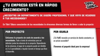 ¿Tu empresa está en rápido
crecimiento?
¿Necesitas un departamento de diseño profesional y que vaya de acuerdo
a tus necesidades?
En Tíbiri Tábara conscientes de tus necesidades te ofrecemos diversas formas de llevar a cabo tu proyecto:
Por Proyecto
Cotizamos tu proyecto sin costo de acuerdo a tus
necesidades. Todo a través de entrevistas para así
delimitar juntos los alcances de tu proyecto. Dependiendo
de los alcances, el pago de tu proyecto puede ser dividido
en 2 o 3 parcialidades a liquidar durante el tiempo que lleve
el desarrollo.
Por Iguala
¿Tu PyME necesita un servicio de diseño constante y a
un precio accesible?
¡Tenemos el paquete ideal para tu empresa!
 
