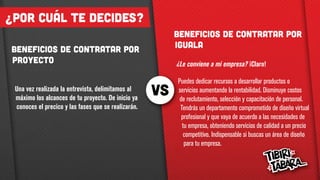 ¿Por cuál te decides?
Beneficios de contratar por
proyecto
Una vez realizada la entrevista, delimitamos al
máximo los alcances de tu proyecto. De inicio ya
conoces el precico y las fases que se realizarán.
Beneficios de contratar por
Iguala
¿Le conviene a mi empresa? ¡Claro!
Puedes dedicar recursos a desarrollar productos o
servicios aumentando la rentabilidad. Disminuye costos
de reclutamiento, selección y capacitación de personal.
Tendrás un departamento comprometido de diseño virtual
profesional y que vaya de acuerdo a las necesidades de
tu empresa, obteniendo servicios de calidad a un precio
competitivo. Indispensable si buscas un área de diseño
para tu empresa.
 