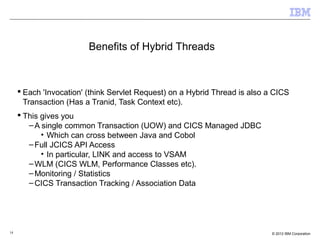 14 © 2012 IBM Corporation
 Each 'Invocation' (think Servlet Request) on a Hybrid Thread is also a CICS
Transaction (Has a Tranid, Task Context etc).
 This gives you
–A single common Transaction (UOW) and CICS Managed JDBC
• Which can cross between Java and Cobol
–Full JCICS API Access
• In particular, LINK and access to VSAM
–WLM (CICS WLM, Performance Classes etc).
–Monitoring / Statistics
–CICS Transaction Tracking / Association Data
Benefits of Hybrid Threads
 