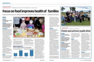 www.cypnow.co.uk
good practice
www.cypnow.co.uk
More case studies @ www.cypnow.co.uk
19 July–1 August 2016 Children&Young PeopleNow 3130 Children&Young PeopleNow 19 July–1 August 2016
Project
HolidayKitchen
purpose
Toimprovethewellbeingoflow-income
andvulnerablefamilies
funding
Around£4,000pereight-dayprogramme,
£50perfamilyperday,fundedby
ChildreninNeed,PublicHealthEngland,
FamilyAction,AccordGroup’sown
investmentandotherdonations
background
Holiday Kitchen addresses issues
including food poverty, financial
stress, isolation, inactivity and loss
of learning experienced by low-
income and vulnerable families
during school holidays, particularly
the long summer break, when free
meals and support from schools
are no longer available.
It was sparked by a 2012
community consultation in a
deprived east Birmingham
neighbourhood, conducted by
Ashram Housing Association –
now Ashrammoseley – part of the
Accord Group. Food poverty and a
lack of summer activities topped
the needs identified. So with the
help of a Children in Need grant,
the organisation ran a holiday
activity programme in summer
2013, providing food for almost
500 children.
Accord developed the
programme with Family Action
and last summer, Holiday Kitchen
was delivered at 23 locations in the
West Midlands, Greater
Manchester and Lincolnshire,
benefiting more than 200 families.
action
Organisations that want to deliver
the programme, such as children’s
centres, housing associations,
refuges and community centres,
Focusonfoodimproveshealthof families
physical activities; “make and
taste”, which involves cooking and
exploring new foods; a storybook-
based drama and dress-up session,
and a “money fun” session, with
advice on money management and
budget shopping. The last session
is a celebration, with music and
dance. “Parents or carers are
expected to be involved in the
activities, supporting and spending
time with their children,” explains
Wolhuter.
outcome
May 2016 Birmingham City
University-led evaluation reports
from 12 Holiday Kitchen
programmes in Greater
Manchester and eight in the West
Midlands last summer, indicate
improvements in families’
nutrition, relationships, emotional
wellbeing and the quality of their
time together, as well as an
expansion of their knowledge and
interests and a reduction in
financial stress.
Before the programme, 15 out of
45 – 33 per cent – West Midland
families described their food as
nutritionally “good” to “excellent”.
This increased to 29 families – 64
per cent – after the programme. Of
these 45, 16 – 36 per cent – said
they were “confident” or “extremely
confident” in undertaking family
activities with their children before
the programme, nearly doubling to
31 families – 69 per cent – after.
Of 91 Greater Manchester
parents, 81 per cent said their
children learned “quite a lot” or “a
great deal” of new things from the
programme and 75 per cent said
their children felt “quite a lot” or “a
great deal” better about themselves.
If you think your project is worthy of
inclusion, email supporting data to
derren.hayes@markallengroup.com
send staff to a training day run by
Accord.
The programme is designed for
the families of pre-school and
primary-aged children. Children’s
services, schools and others are
invited to refer families who could
benefit most. Some centres
advertise the programme through
their own networks and families
can refer themselves.
Accord recommends the eight-
day programme runs from the first
week of August and is spread over
the month, with two half-day
sessions each week. “This means if
something goes wrong at home,
they are only a few days away from
the next session,” explains Caroline
Wolhuter, head of social inclusion
at Ashrammoseley, who has led the
programme since its inception.
Around 10 parents or carers and
20 children take part in each
programme, arriving for breakfast
from 9.30am. After around two
hours of activities, they take part in
a community lunch, which they
often help prepare. Food is
contributed by organisations
including charitable food
distributor FareShare and families
sometimes take food home.
The eight days consist of a forest
school session; a “field to fork”
session, in which participants learn
about growing vegetables; a “park
challenge” day, with sports and
CASE STUDY 1 | Midlands and north of England | Social care
Programme works to improve the wellbeing of parents and young children through the summer holidays by providing food and support
Children and families learn about good nutrition by preparing community lunches at Holiday Kitchen sessions over the summer
Project
Choice(ChildrenhaveOptions,
Imagination,Challenge,Experience)
purpose
Toimproveschoolattendanceand
attainmentamongeight-to11-year-
oldsandreducetheirlikelihoodof
becomingNeet(notineducation,
employmentortraining)
funding
£35,000thisacademicyear,fundedby
WakefieldCouncil,Pontefract
AcademiesTrust,Pontefract
EducationTrust,Wakefieldand
DistrictHousing,Casey’sConstruction
andWestYorkshirePolice
background
Choice is the brainchild of its
manager Annette Jones, who in
2011 was welfare manager at
Carleton Community High
School in Pontefract. She realised
pupils needed intervention
during primary school, when
they are “more receptive to advice
and guidance and keener to build
relationships with police and
other professionals”. So Jones
devised a pilot for 10 children at
De Lacy Primary in Pontefract.
This year Choice will be delivered
to 99 pupils in 11 Wakefield
primaries.
action
Choice is run by schools
partnership Pontefract
Academies Trust. Heads of
participating schools identify
pupils in years four, five and six,
who Jones says “need something
to give them a bit more drive”.
She meets each child’s parents or
carers to assess their needs,
signposting them to support
agencies where necessary. She
supports them throughout the
programme with “surgeries” for
issues such as debt or housing.
The 30-week programme
starts in the autumn, running
weekly in the last hour of school,
or throughout the afternoon for
out-of-school activities. It
includes three six-week courses:
a police-run Explorer course
where participants learn the
consequences of criminal
behaviour through visits to court
and custody; a Young Fire­
fighters course where firefighters
drill participants in practical
skills leading to a military-style
“passing out” parade; while a
third course sees an alternative
therapist teach how to deal with
anger and stress.
The remaining 12 weeks
include sessions from Barnardo’s
on child sexual exploitation; from
British Transport Police on
railway safety; from school
nurses on healthy eating and
dental hygiene; and from Keep
Britain Tidy on protecting the
environment. In addition,
housing association WDH talk to
pupils about the consequences of
antisocial behaviour.
outcome
Of 36 pupils referred to Choice
last year, 65 per cent improved
school attendance, 80 per cent
progressed in reading, 90 per
cent in writing and 83 per cent
in maths.
Choiceseesprimarypupilsshine
CASE STUDY 2 | Yorkshire | Education
The majority of pupils referred to Choice improved their school attendance, plus their reading, writing and maths
Source: Evaluation led by Birmingham City University
IMPACTONFAMILYLIFE
Results for Holiday Kitchen families in the West Midlands
Before After Before After
Food nutritionally good/excellent Confident doing activities with children
33% 36%
64%
69%
 