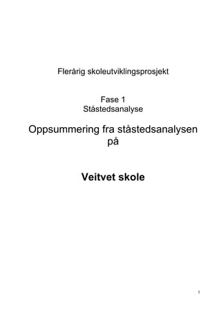 1
Flerårig skoleutviklingsprosjekt
Fase 1
Ståstedsanalyse
Oppsummering fra ståstedsanalysen
på
Veitvet skole
 