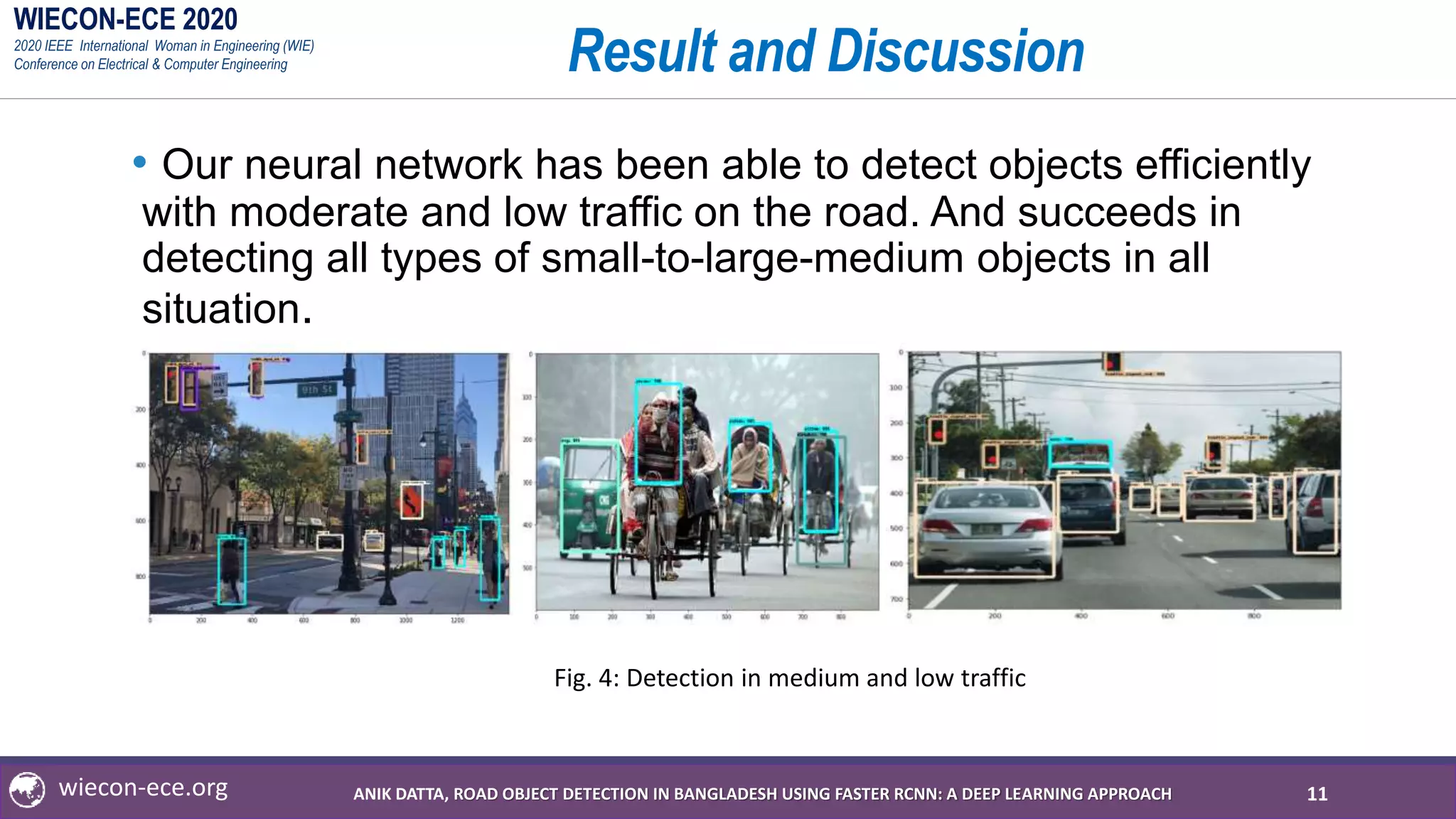 WIECON-ECE 2020
2020 IEEE International Woman in Engineering (WIE)
Conference on Electrical & Computer Engineering
wiecon-ece.org
Result and Discussion
• Our neural network has been able to detect objects efficiently
with moderate and low traffic on the road. And succeeds in
detecting all types of small-to-large-medium objects in all
situation.
11
Fig. 4: Detection in medium and low traffic
ANIK DATTA, ROAD OBJECT DETECTION IN BANGLADESH USING FASTER RCNN: A DEEP LEARNING APPROACH
 