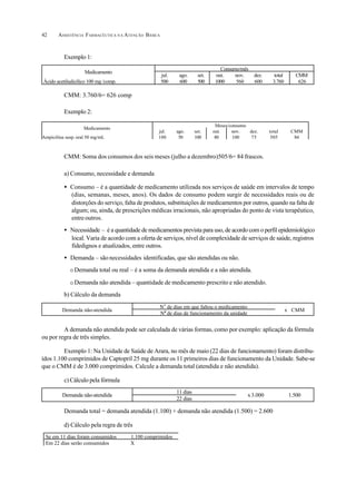 ASSISTÊNCIA FARMACÊUTICA N A ATENÇÃO BÁSICA42
Exemplo 1:
CMM: 3.760/6= 626 comp
Exemplo 2:
CMM: Soma dos consumos dos seis meses (julho a dezembro)505/6= 84 frascos.
a) Consumo, necessidade e demanda
• Consumo – é a quantidade de medicamento utilizada nos serviços de saúde em intervalos de tempo
(dias, semanas, meses, anos). Os dados de consumo podem surgir de necessidades reais ou de
distorções do serviço, falta de produtos, substituições de medicamentos por outros, quando na falta de
algum; ou, ainda, de prescrições médicas irracionais, não apropriadas do ponto de vista terapêutico,
entreoutros.
• Necessidade – é a quantidade de medicamentos prevista para uso, de acordo com o perfil epidemiológico
local. Varia de acordo com a oferta de serviços, nível de complexidade de serviços de saúde, registros
fidedignos e atualizados, entre outros.
• Demanda – são necessidades identificadas, que são atendidas ou não.
O Demanda total ou real – é a soma da demanda atendida e a não atendida.
O Demanda não atendida – quantidade de medicamento prescrito e não atendido.
b) Cálculo da demanda
A demanda não atendida pode ser calculada de várias formas, como por exemplo: aplicação da fórmula
ou por regra de três simples.
Exemplo 1: Na Unidade de Saúde de Arara, no mês de maio (22 dias de funcionamento) foram distribu-
ídos 1.100 comprimidos de Captopril 25 mg durante os 11 primeiros dias de funcionamento da Unidade. Sabe-se
que o CMM é de 3.000 comprimidos. Calcule a demanda total (atendida e não atendida).
c) Cálculo pela fórmula
Demanda total = demanda atendida (1.100) + demanda não atendida (1.500) = 2.600
d) Cálculo pela regra de três
N
o
de dias em que faltou o medicamento
Demanda não-atendida
N
o
de dias de funcionamento da unidade
x CMM
11 dias
Demanda não-atendida
22 dias
x3.000 1.500
Se em 11 dias foram consumidos 1.100 comprimidos
Em 22 dias serão consumidos X
Consumo/mês
Medicamento
jul. ago. set. out. nov. dez. total CMM
Ácido acetilsalicílico 100 mg /comp. 500 600 500 1000 560 600 3.760 626
Meses/consumo
Medicamento
jul. ago. set. out. nov. dez. total CMM
Ampicilina susp. oral 50 mg/mL 100 50 100 80 100 75 505 84
 