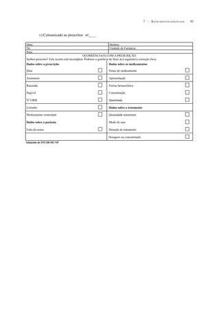 937 – INSTRUMENTOS GERENCIAIS
v) Comunicado ao prescritor no
____
Data: Horário:
De: Unidade de Farmácia:
Para:
OCORRÊNCIA(S) COM A PRESCRIÇÃO
Senhor prescritor! Esta receita está incompleta. Pedimos a gentileza de fazer a(s) seguinte(s) correção (ões):
Dados sobre a prescrição Dados sobre os medicamentos
Data Nome do medicamento
Assinatura Apresentação
Rasurada Forma farmacêutica
Ilegível Concentração
N
o
CRM Quantidade
Carimbo Dados sobre o tratamento
Medicamento controlado Quantidade tratamento
Dados sobre o paciente Modo de usar
Falta do nome Duração do tratamento
Dosagem ou concentração
Adaptado do INCOR-HC/SP
 