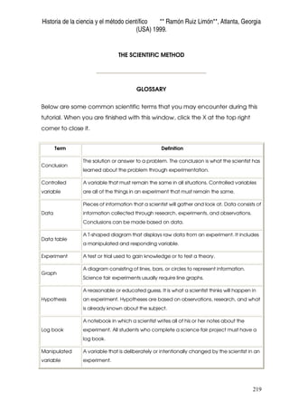 Historia de la ciencia y el método científico ** Ramón Ruiz Limón**, Atlanta, Georgia
(USA) 1999.
219
THE SCIENTIFIC METHOD
GLOSSARY
Below are some common scientific terms that you may encounter during this
tutorial. When you are finished with this window, click the X at the top right
corner to close it.
Term Definition
Conclusion
The solution or answer to a problem. The conclusion is what the scientist has
learned about the problem through experimentation.
Controlled
variable
A variable that must remain the same in all situations. Controlled variables
are all of the things in an experiment that must remain the same.
Data
Pieces of information that a scientist will gather and look at. Data consists of
information collected through research, experiments, and observations.
Conclusions can be made based on data.
Data table
A T-shaped diagram that displays raw data from an experiment. It includes
a manipulated and responding variable.
Experiment A test or trial used to gain knowledge or to test a theory.
Graph
A diagram consisting of lines, bars, or circles to represent information.
Science fair experiments usually require line graphs.
Hypothesis
A reasonable or educated guess. It is what a scientist thinks will happen in
an experiment. Hypotheses are based on observations, research, and what
is already known about the subject.
Log book
A notebook in which a scientist writes all of his or her notes about the
experiment. All students who complete a science fair project must have a
log book.
Manipulated
variable
A variable that is deliberately or intentionally changed by the scientist in an
experiment.
 