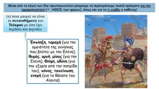 Μέσα από τα λόγια των δύο πρωταγωνιστών μπορούμε να συμπεράνουμε πολλά πράγματα για την
προσωπικότητα ( ΗΘΟΣ των ηρώων), όπως και για το τι νιώθει ο καθένας!
(α) ποια μπορεί να είναι
τα συναισθήματα του
Τεύκρου με όσα έχει
περάσει και περνάει;
Έκπληξη, ταραχή (για την
ομοιότητα της γυναίκας
που βλέπει με την Ελένη),
θυμός, οργή, μίσος (για την
Ελένη), θλίψη, οδύνη (για
την εξορία από την πατρίδα
του), πόνος, ταπείνωση,
ενοχή (για το θάνατο του
Αίαντα)
 