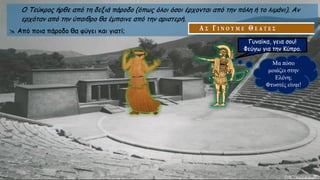 Ο Τεύκρος ήρθε από τη δεξιά πάροδο (όπως όλοι όσοι έρχονται από την πόλη ή το λιμάνι). Αν
ερχόταν από την ύπαιθρο θα έμπαινε από την αριστερή.
 Από ποια πάροδο θα φύγει και γιατί;
Γυναίκα, γεια σου!
Φεύγω για την Κύπρο.
Μα πόσο
μοιάζει στην
Ελένη;
Φτυστές είναι!
 