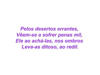Pelos desertos errantes,
Vêem-se a sofrer penas mil,
Ele ao achá-las, nos ombros
Leva-as ditoso, ao redil.
 