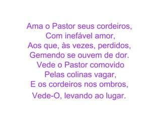 Ama o Pastor seus cordeiros,
Com inefável amor,
Aos que, às vezes, perdidos,
Gemendo se ouvem de dor.
Vede o Pastor comovido
Pelas colinas vagar,
E os cordeiros nos ombros,
Vede-O, levando ao lugar.
 