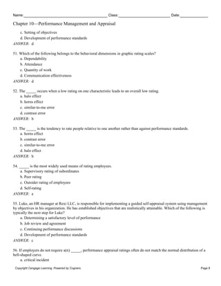 Name: Class: Date:
Chapter 10—Performance Management and Appraisal
Copyright Cengage Learning. Powered by Cognero. Page 8
c. Setting of objectives
d. Development of performance standards
ANSWER: d
51. Which of the following belongs to the behavioral dimensions in graphic rating scales?
a. Dependability
b. Attendance
c. Quantity of work
d. Communication effectiveness
ANSWER: d
52. The _____ occurs when a low rating on one characteristic leads to an overall low rating.
a. halo effect
b. horns effect
c. similar-to-me error
d. contrast error
ANSWER: b
53. The _____ is the tendency to rate people relative to one another rather than against performance standards.
a. horns effect
b. contrast error
c. similar-to-me error
d. halo effect
ANSWER: b
54. _____ is the most widely used means of rating employees.
a. Supervisory rating of subordinates
b. Peer rating
c. Outsider rating of employees
d. Self-rating
ANSWER: a
55. Luke, an HR manager at Rexi LLC, is responsible for implementing a guided self-appraisal system using management
by objectives in his organization. He has established objectives that are realistically attainable. Which of the following is
typically the next step for Luke?
a. Determining a satisfactory level of performance
b. Job review and agreement
c. Continuing performance discussions
d. Development of performance standards
ANSWER: c
56. If employers do not require a(n) _____, performance appraisal ratings often do not match the normal distribution of a
bell-shaped curve.
a. critical incident
 