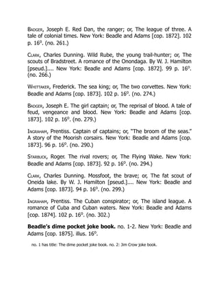 Badger, Joseph E. Red Dan, the ranger; or, The league of three. A
tale of colonial times. New York: Beadle and Adams [cop. 1872]. 102
p. 16o
. (no. 261.)
Clark, Charles Dunning. Wild Rube, the young trail-hunter; or, The
scouts of Bradstreet. A romance of the Onondaga. By W. J. Hamilton
[pseud.].... New York: Beadle and Adams [cop. 1872]. 99 p. 16o
.
(no. 266.)
Whittaker, Frederick. The sea king; or, The two corvettes. New York:
Beadle and Adams [cop. 1873]. 102 p. 16o
. (no. 274.)
Badger, Joseph E. The girl captain; or, The reprisal of blood. A tale of
feud, vengeance and blood. New York: Beadle and Adams [cop.
1873]. 102 p. 16o
. (no. 279.)
Ingraham, Prentiss. Captain of captains; or, “The broom of the seas.”
A story of the Moorish corsairs. New York: Beadle and Adams [cop.
1873]. 96 p. 16o
. (no. 290.)
Starbuck, Roger. The rival rovers; or, The Flying Wake. New York:
Beadle and Adams [cop. 1873]. 92 p. 16o
. (no. 294.)
Clark, Charles Dunning. Mossfoot, the brave; or, The fat scout of
Oneida lake. By W. J. Hamilton [pseud.].... New York: Beadle and
Adams [cop. 1873]. 94 p. 16o
. (no. 299.)
Ingraham, Prentiss. The Cuban conspirator; or, The island league. A
romance of Cuba and Cuban waters. New York: Beadle and Adams
[cop. 1874]. 102 p. 16o
. (no. 302.)
Beadle’s dime pocket joke book. no. 1-2. New York: Beadle and
Adams [cop. 1875]. illus. 16o
.
no. 1 has title: The dime pocket joke book. no. 2: Jim Crow joke book.
 