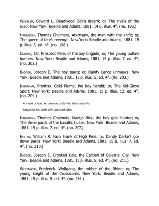 Wheeler, Edward L. Deadwood Dick’s dream; or, The rivals of the
road. New York: Beadle and Adams, 1881. 14 p. illus. 4o
. (no. 195.)
Harbaugh, Thomas Chalmers. Arkansaw, the man with the knife; or,
The queen of fate’s revenge. New York: Beadle and Adams, 1881. 15
p. illus. 5. ed. 4o
. (no. 198.)
Coomes, Oll. Prospect Pete, of the boy brigade; or, The young outlaw
hunters. New York: Beadle and Adams, 1881. 14 p. illus. 7. ed. 4o
.
(no. 202.)
Badger, Joseph E. The boy pards; or, Dainty Lance unmasks. New
York: Beadle and Adams, 1881. 15 p. illus. 5. ed. 4o
. (no. 203.)
Ingraham, Prentiss. Gold Plume, the boy bandit; or, The Kid-Glove
Sport. New York: Beadle and Adams, 1881. 15 p. illus. 12. ed. 4o
.
(no. 204.)
At head of title: A romance of Buffalo Bill’s early life.
Sequel to his Little Grit, the wild rider.
Harbaugh, Thomas Chalmers. Navajo Nick, the boy gold hunter; or,
The three pards of the basaltic buttes. New York: Beadle and Adams,
1881. 15 p. illus. 7. ed. 4o
. (no. 207.)
Eyster, William R. Faro Frank of High Pine; or, Dandy Darke’s go-
down pards. New York: Beadle and Adams, 1881. 15 p. illus. 7. ed.
4o
. (no. 210.)
Badger, Joseph E. Crooked Cale, the Caliban of Celestial City. New
York: Beadle and Adams, 1881. 15 p. illus. 5. ed. 4o
. (no. 211.)
Whittaker, Frederick. Wolfgang, the robber of the Rhine; or, The
young knight of the Crossicorde. New York: Beadle and Adams,
1881. 15 p. illus. 5. ed. 4o
. (no. 214.)
 
