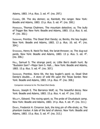 Adams, 1883. 14 p. illus. 3. ed. 4o
. (no. 297.)
Coomes, Oll. The sky demon; or, Rainbolt, the ranger. New York:
Beadle and Adams, 1883. 15 p. illus. 5. ed. 4o
. (no. 300.)
Harbaugh, Thomas Chalmers. The mountain detective; or, The bully
of Trigger Bar. New York: Beadle and Adams, 1883. 15 p. illus. 6. ed.
4o
. (no. 302.)
Ingraham, Prentiss. The Dead Shot Dandy; or, Benito, the boy bugler.
New York: Beadle and Adams, 1883. 13 p. illus. 10. ed. 4o
. (no.
304.)
Stoddard, Henry B. Neck-Tie Ned, the lariat-thrower; or, The dug-out
pards. New York: Beadle and Adams, 1883. 13 p. illus. 5. ed. 4o
.
(no. 306.)
Hall, Samuel S. The strange pard; or, Little Ben’s death hunt. By
“Buckskin Sam”—Major Sam S. Hall.... New York: Beadle and Adams,
1883. 15 p. illus. 5. ed. 4o
. (no. 307.)
Ingraham, Prentiss. Keno Kit, the boy bugler’s pard; or, Dead Shot
Dandy’s double.... A story of wild life upon the Texas border. New
York: Beadle and Adams, 1883. 14 p. illus. 4o
. (no. 308.)
Companion romance to his The Dead Shot Dandy.
Badger, Joseph E. The Barranca Wolf; or, The beautiful decoy. New
York: Beadle and Adams, 1883. 15 p. illus. 4. ed. 4o
. (no. 310.)
Willett, Edward. The roving sport; or, The pride of Chuckaluck camp.
New York: Beadle and Adams, 1883. 14 p. illus. 4. ed. 4o
. (no. 311.)
Dewey, Frederick H. Cimarron Jack, the king pin of rifle-shots; or, The
phantom tracker. A tale of the land of silence. New York: Beadle and
Adams, 1883. 15 p. illus. 5. ed. 4o
. (no. 313.)
 
