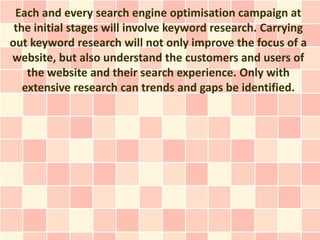 Each and every search engine optimisation campaign at
 the initial stages will involve keyword research. Carrying
out keyword research will not only improve the focus of a
website, but also understand the customers and users of
    the website and their search experience. Only with
   extensive research can trends and gaps be identified.
 