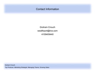 Graham Crouch
Top Producer, Marketing Strategist, Managing Teams, Growing Sales
Contact Information
Graham Crouch
wealthport@live.com
4109409440
 