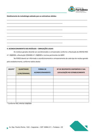 Av. Dep. Paulino Rocha, 1343 – Cajazeiras – CEP: 60864-311 – Fortaleza - CE
Detalhamento da metodologia adotada para as estimativas obtidas:
___________________________________________________________________________________________
_______________________________________________________________
___________________________________________________________________________________________
_______________________________________________________________
___________________________________________________________________________________________
_______________________________________________________________
___________________________________________________________________________________________
_______________________________________________________________
___________________________________________________________________________________________
4. ACONDICIONAMENTO DOS RESÍDUOS – OBRIGAÇÕES LEGAIS
Os resíduos gerados deverão ser acondicionados e armazenados conforme a Resolução da ANVISA RDC
nº. 306/2004, a Resolução CONAMA nº. 358/2005 e normas pertinentes da ABNT.
No PGRSS deverá ser informado o acondicionamento e armazenamento de cada tipo de resíduo gerado
pelo estabelecimento, conforme tabela abaixo:
GRUPO* QUANTIDADE
(L/KG/SEMANA)
FORMA DE
ACONDICIONAMENTO
Nº DE RECIPIENTES DISPONÍVEIS E SUA
LOCALIZAÇÃO NO ESTABELECIMENTO
* Conforme RDC ANVISA 306/2004
 
