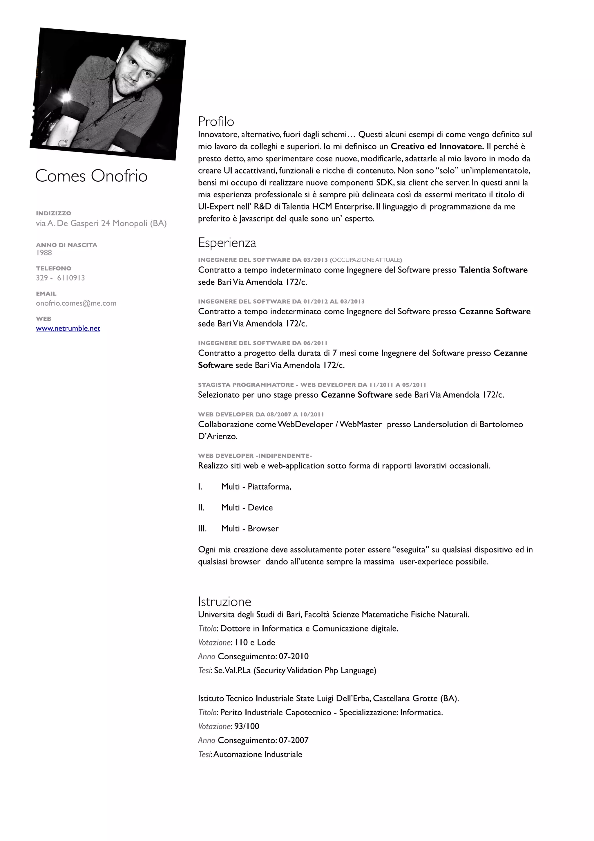 CurriculumVitae_OnofrioComes | PDF | Web Development | Internet