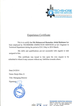 Q.C Engineer Experience Certificate from Techshore