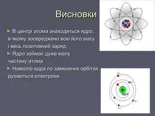 ВисновкиВисновки
► В центрі атома знаходиться ядро,В центрі атома знаходиться ядро,
в якому зосереджено всю його масув якому зосереджено всю його масу
і весь позитивний заряді весь позитивний заряд
► Ядро займає дуже малуЯдро займає дуже малу
частину атомачастину атома
► Навколо ядра по замкнених орбітахНавколо ядра по замкнених орбітах
рухаються електронирухаються електрони
 