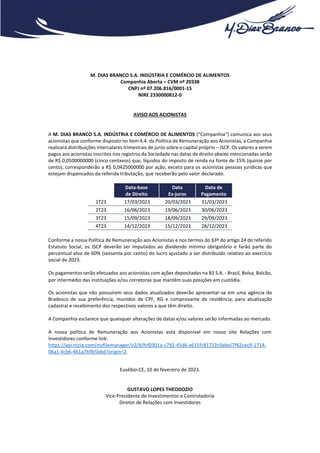 M. DIAS BRANCO S.A. INDÚSTRIA E COMÉRCIO DE ALIMENTOS
Companhia Aberta – CVM nº 20338
CNPJ nº 07.206.816/0001-15
NIRE 2330...