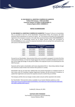 M. DIAS BRANCO S.A. INDÚSTRIA E COMÉRCIO DE ALIMENTOS
Publicly Held Company – CVM Code 20338
Corporate Taxpayer’s ID (CNPJ...