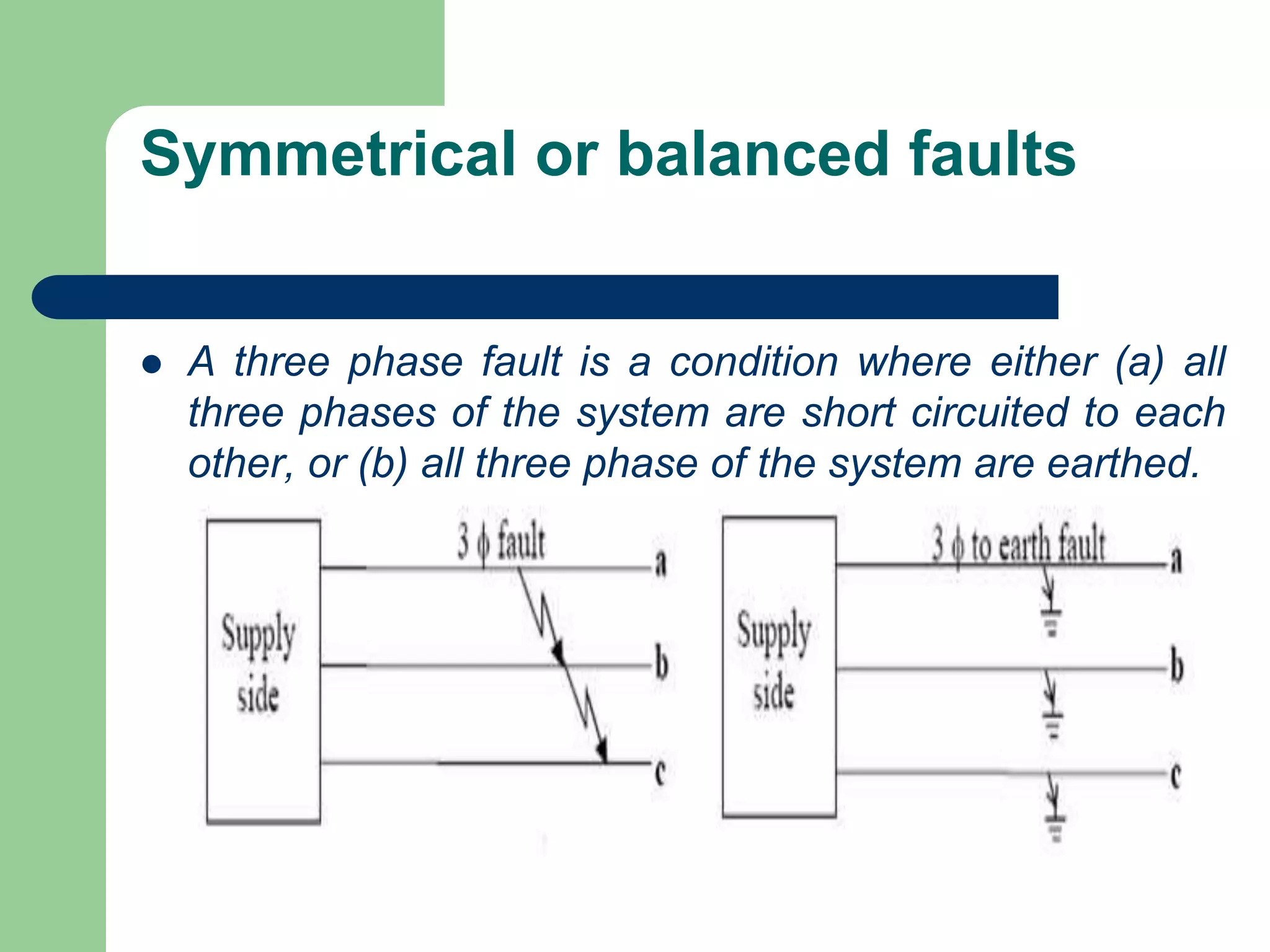 Symmetrical or balanced faults
 A three phase fault is a condition where either (a) all
three phases of the system are short circuited to each
other, or (b) all three phase of the system are earthed.
 