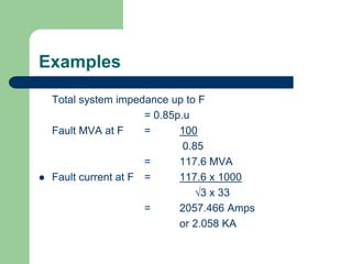 Examples
Total system impedance up to F
= 0.85p.u
Fault MVA at F = 100
0.85
= 117.6 MVA
 Fault current at F = 117.6 x 1000
3 x 33
= 2057.466 Amps
or 2.058 KA
 