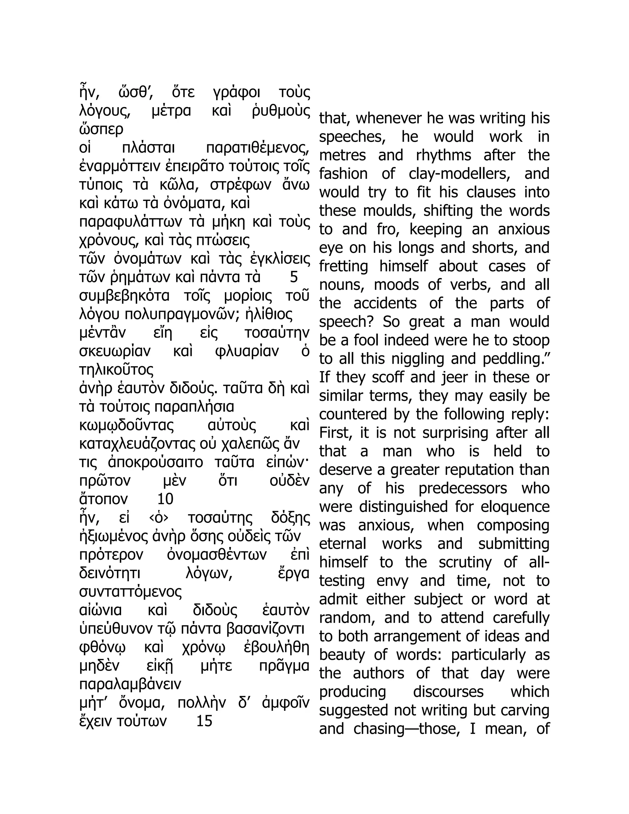 ἦν, ὥσθ’, ὅτε γράφοι τοὺς
λόγους, μέτρα καὶ ῥυθμοὺς
ὥσπερ
οἱ πλάσται παρατιθέμενος,
ἐναρμόττειν ἐπειρᾶτο τούτοις τοῖς
τύποις τὰ κῶλα, στρέφων ἄνω
καὶ κάτω τὰ ὀνόματα, καὶ
παραφυλάττων τὰ μήκη καὶ τοὺς
χρόνους, καὶ τὰς πτώσεις
τῶν ὀνομάτων καὶ τὰς ἐγκλίσεις
τῶν ῥημάτων καὶ πάντα τὰ 5
συμβεβηκότα τοῖς μορίοις τοῦ
λόγου πολυπραγμονῶν; ἠλίθιος
μέντἂν εἴη εἰς τοσαύτην
σκευωρίαν καὶ φλυαρίαν ὁ
τηλικοῦτος
ἀνὴρ ἑαυτὸν διδούς. ταῦτα δὴ καὶ
τὰ τούτοις παραπλήσια
κωμῳδοῦντας αὐτοὺς καὶ
καταχλευάζοντας οὐ χαλεπῶς ἄν
τις ἀποκρούσαιτο ταῦτα εἰπών·
πρῶτον μὲν ὅτι οὐδὲν
ἄτοπον 10
ἦν, εἰ ‹ὁ› τοσαύτης δόξης
ἠξιωμένος ἀνὴρ ὅσης οὐδεὶς τῶν
πρότερον ὀνομασθέντων ἐπὶ
δεινότητι λόγων, ἔργα
συνταττόμενος
αἰώνια καὶ διδοὺς ἑαυτὸν
ὑπεύθυνον τῷ πάντα βασανίζοντι
φθόνῳ καὶ χρόνῳ ἐβουλήθη
μηδὲν εἰκῇ μήτε πρᾶγμα
παραλαμβάνειν
μήτ’ ὄνομα, πολλὴν δ’ ἀμφοῖν
ἔχειν τούτων 15
that, whenever he was writing his
speeches, he would work in
metres and rhythms after the
fashion of clay-modellers, and
would try to fit his clauses into
these moulds, shifting the words
to and fro, keeping an anxious
eye on his longs and shorts, and
fretting himself about cases of
nouns, moods of verbs, and all
the accidents of the parts of
speech? So great a man would
be a fool indeed were he to stoop
to all this niggling and peddling.”
If they scoff and jeer in these or
similar terms, they may easily be
countered by the following reply:
First, it is not surprising after all
that a man who is held to
deserve a greater reputation than
any of his predecessors who
were distinguished for eloquence
was anxious, when composing
eternal works and submitting
himself to the scrutiny of all-
testing envy and time, not to
admit either subject or word at
random, and to attend carefully
to both arrangement of ideas and
beauty of words: particularly as
the authors of that day were
producing discourses which
suggested not writing but carving
and chasing—those, I mean, of
 