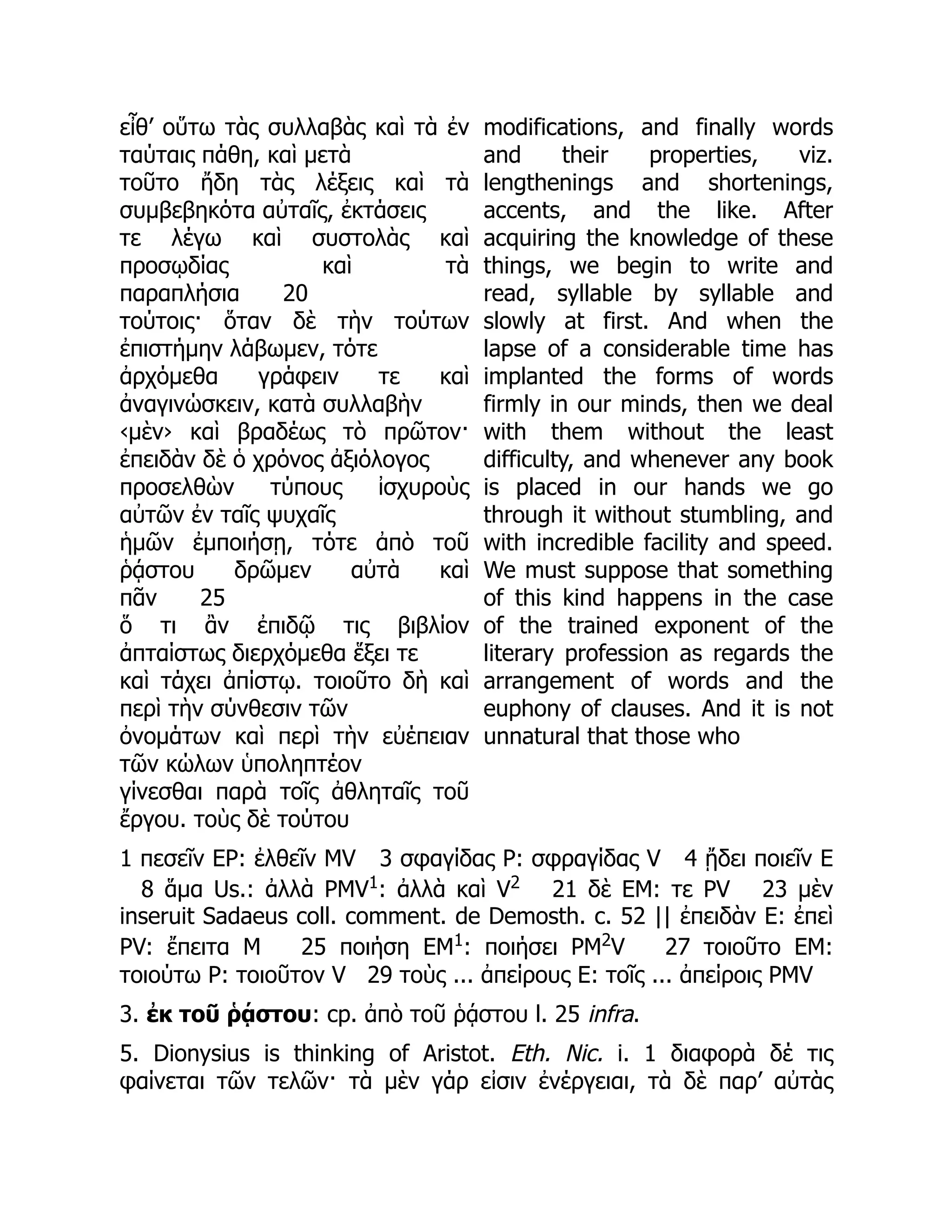 εἶθ’ οὕτω τὰς συλλαβὰς καὶ τὰ ἐν
ταύταις πάθη, καὶ μετὰ
τοῦτο ἤδη τὰς λέξεις καὶ τὰ
συμβεβηκότα αὐταῖς, ἐκτάσεις
τε λέγω καὶ συστολὰς καὶ
προσῳδίας καὶ τὰ
παραπλήσια 20
τούτοις· ὅταν δὲ τὴν τούτων
ἐπιστήμην λάβωμεν, τότε
ἀρχόμεθα γράφειν τε καὶ
ἀναγινώσκειν, κατὰ συλλαβὴν
‹μὲν› καὶ βραδέως τὸ πρῶτον·
ἐπειδὰν δὲ ὁ χρόνος ἀξιόλογος
προσελθὼν τύπους ἰσχυροὺς
αὐτῶν ἐν ταῖς ψυχαῖς
ἡμῶν ἐμποιήσῃ, τότε ἀπὸ τοῦ
ῥᾴστου δρῶμεν αὐτὰ καὶ
πᾶν 25
ὅ τι ἂν ἐπιδῷ τις βιβλίον
ἀπταίστως διερχόμεθα ἕξει τε
καὶ τάχει ἀπίστῳ. τοιοῦτο δὴ καὶ
περὶ τὴν σύνθεσιν τῶν
ὀνομάτων καὶ περὶ τὴν εὐέπειαν
τῶν κώλων ὑποληπτέον
γίνεσθαι παρὰ τοῖς ἀθληταῖς τοῦ
ἔργου. τοὺς δὲ τούτου
modifications, and finally words
and their properties, viz.
lengthenings and shortenings,
accents, and the like. After
acquiring the knowledge of these
things, we begin to write and
read, syllable by syllable and
slowly at first. And when the
lapse of a considerable time has
implanted the forms of words
firmly in our minds, then we deal
with them without the least
difficulty, and whenever any book
is placed in our hands we go
through it without stumbling, and
with incredible facility and speed.
We must suppose that something
of this kind happens in the case
of the trained exponent of the
literary profession as regards the
arrangement of words and the
euphony of clauses. And it is not
unnatural that those who
1 πεσεῖν EP: ἐλθεῖν MV 3 σφαγίδας P: σφραγίδας V 4 ᾔδει ποιεῖν E
8 ἅμα Us.: ἀλλὰ PMV1
: ἀλλὰ καὶ V2
21 δὲ EM: τε PV 23 μὲν
inseruit Sadaeus coll. comment. de Demosth. c. 52 || ἐπειδὰν E: ἐπεὶ
PV: ἔπειτα M 25 ποιήση EM1
: ποιήσει PM2
V 27 τοιοῦτο EM:
τοιούτω P: τοιοῦτον V 29 τοὺς ... ἀπείρους E: τοῖς ... ἀπείροις PMV
3. ἐκ τοῦ ῥᾴστου: cp. ἀπὸ τοῦ ῥᾴστου l. 25 infra.
5. Dionysius is thinking of Aristot. Eth. Nic. i. 1 διαφορὰ δέ τις
φαίνεται τῶν τελῶν· τὰ μὲν γάρ εἰσιν ἐνέργειαι, τὰ δὲ παρ’ αὐτὰς
 