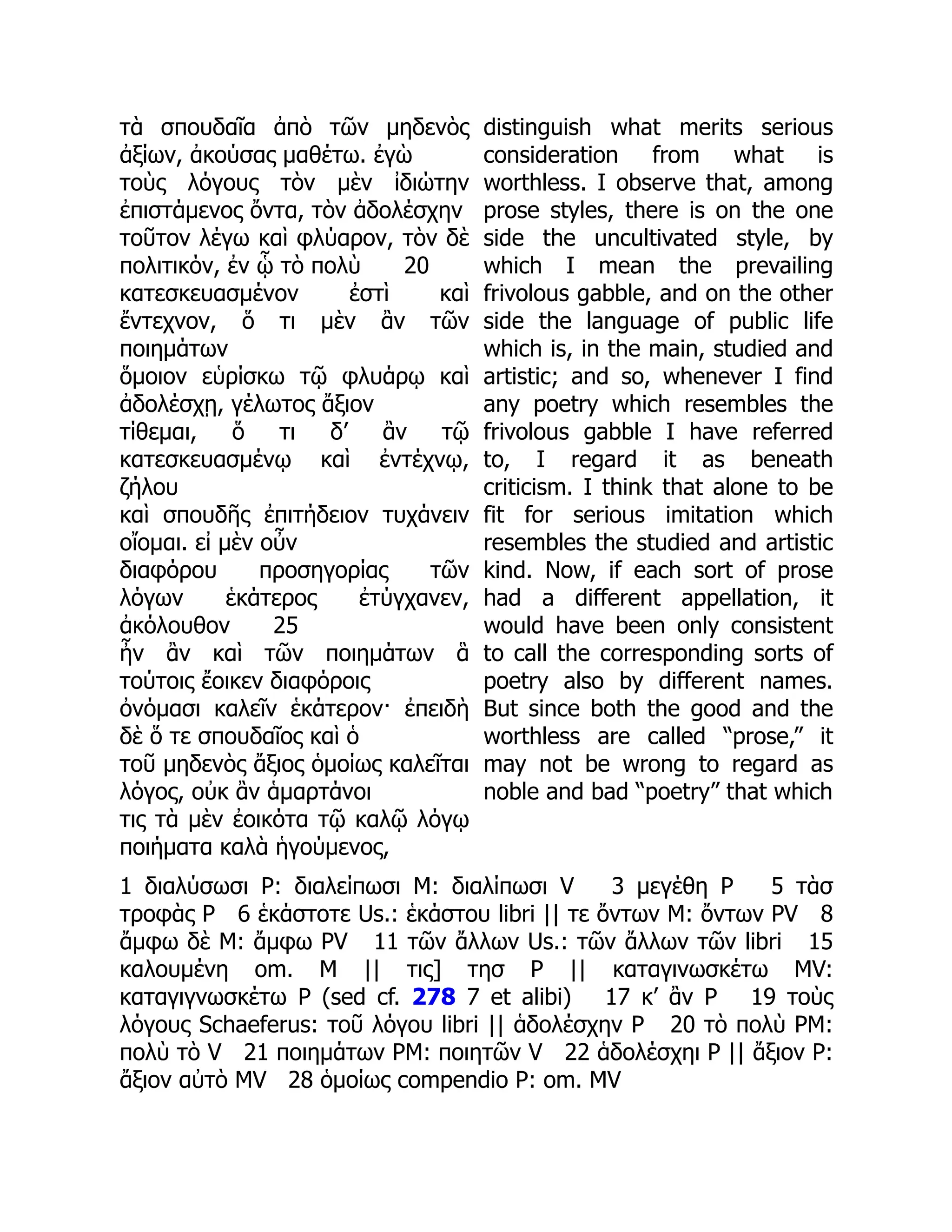 τὰ σπουδαῖα ἀπὸ τῶν μηδενὸς
ἀξίων, ἀκούσας μαθέτω. ἐγὼ
τοὺς λόγους τὸν μὲν ἰδιώτην
ἐπιστάμενος ὄντα, τὸν ἀδολέσχην
τοῦτον λέγω καὶ φλύαρον, τὸν δὲ
πολιτικόν, ἐν ᾧ τὸ πολὺ 20
κατεσκευασμένον ἐστὶ καὶ
ἔντεχνον, ὅ τι μὲν ἂν τῶν
ποιημάτων
ὅμοιον εὑρίσκω τῷ φλυάρῳ καὶ
ἀδολέσχῃ, γέλωτος ἄξιον
τίθεμαι, ὅ τι δ’ ἂν τῷ
κατεσκευασμένῳ καὶ ἐντέχνῳ,
ζήλου
καὶ σπουδῆς ἐπιτήδειον τυχάνειν
οἴομαι. εἰ μὲν οὖν
διαφόρου προσηγορίας τῶν
λόγων ἑκάτερος ἐτύγχανεν,
ἀκόλουθον 25
ἦν ἂν καὶ τῶν ποιημάτων ἃ
τούτοις ἔοικεν διαφόροις
ὀνόμασι καλεῖν ἑκάτερον· ἐπειδὴ
δὲ ὅ τε σπουδαῖος καὶ ὁ
τοῦ μηδενὸς ἄξιος ὁμοίως καλεῖται
λόγος, οὐκ ἂν ἁμαρτάνοι
τις τὰ μὲν ἐοικότα τῷ καλῷ λόγῳ
ποιήματα καλὰ ἡγούμενος,
distinguish what merits serious
consideration from what is
worthless. I observe that, among
prose styles, there is on the one
side the uncultivated style, by
which I mean the prevailing
frivolous gabble, and on the other
side the language of public life
which is, in the main, studied and
artistic; and so, whenever I find
any poetry which resembles the
frivolous gabble I have referred
to, I regard it as beneath
criticism. I think that alone to be
fit for serious imitation which
resembles the studied and artistic
kind. Now, if each sort of prose
had a different appellation, it
would have been only consistent
to call the corresponding sorts of
poetry also by different names.
But since both the good and the
worthless are called “prose,” it
may not be wrong to regard as
noble and bad “poetry” that which
1 διαλύσωσι P: διαλείπωσι M: διαλίπωσι V 3 μεγέθη P 5 τὰσ
τροφὰς P 6 ἑκάστοτε Us.: ἑκάστου libri || τε ὄντων M: ὄντων PV 8
ἄμφω δὲ M: ἄμφω PV 11 τῶν ἄλλων Us.: τῶν ἄλλων τῶν libri 15
καλουμένη om. M || τις] τησ P || καταγινωσκέτω MV:
καταγιγνωσκέτω P (sed cf. 278 7 et alibi) 17 κ’ ἂν P 19 τοὺς
λόγους Schaeferus: τοῦ λόγου libri || ἁδολέσχην P 20 τὸ πολὺ PM:
πολὺ τὸ V 21 ποιημάτων PM: ποιητῶν V 22 ἁδολέσχηι P || ἄξιον P:
ἄξιον αὐτὸ MV 28 ὁμοίως compendio P: om. MV
 