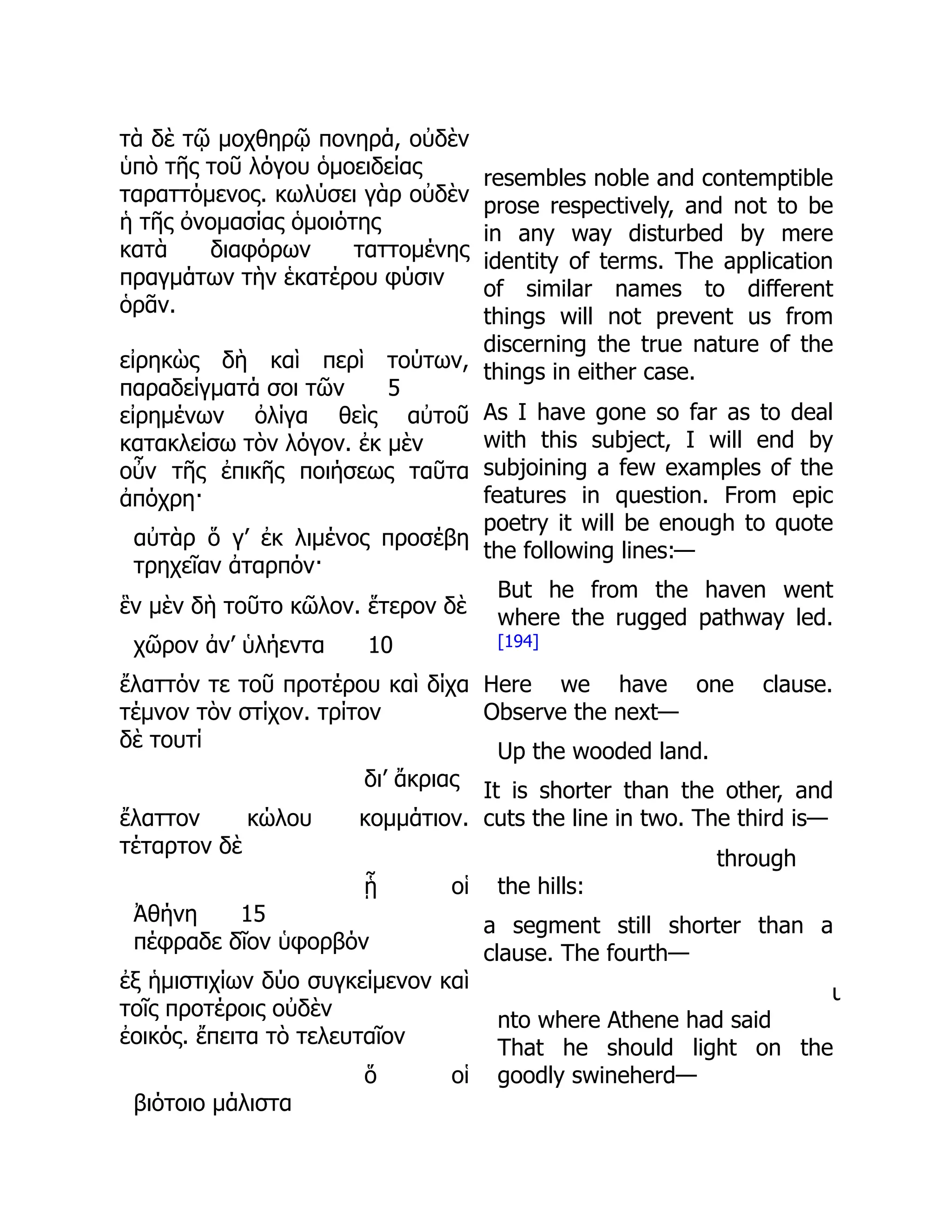 τὰ δὲ τῷ μοχθηρῷ πονηρά, οὐδὲν
ὑπὸ τῆς τοῦ λόγου ὁμοειδείας
ταραττόμενος. κωλύσει γὰρ οὐδὲν
ἡ τῆς ὀνομασίας ὁμοιότης
κατὰ διαφόρων ταττομένης
πραγμάτων τὴν ἑκατέρου φύσιν
ὁρᾶν.
εἰρηκὼς δὴ καὶ περὶ τούτων,
παραδείγματά σοι τῶν 5
εἰρημένων ὀλίγα θεὶς αὐτοῦ
κατακλείσω τὸν λόγον. ἐκ μὲν
οὖν τῆς ἐπικῆς ποιήσεως ταῦτα
ἀπόχρη·
αὐτὰρ ὅ γ’ ἐκ λιμένος προσέβη
τρηχεῖαν ἀταρπόν·
ἓν μὲν δὴ τοῦτο κῶλον. ἕτερον δὲ
χῶρον ἀν’ ὑλήεντα 10
ἔλαττόν τε τοῦ προτέρου καὶ δίχα
τέμνον τὸν στίχον. τρίτον
δὲ τουτί
δι’ ἄκριας
ἔλαττον κώλου κομμάτιον.
τέταρτον δὲ
ᾗ οἱ
Ἀθήνη 15
πέφραδε δῖον ὑφορβόν
ἐξ ἡμιστιχίων δύο συγκείμενον καὶ
τοῖς προτέροις οὐδὲν
ἐοικός. ἔπειτα τὸ τελευταῖον
ὅ οἱ
βιότοιο μάλιστα
resembles noble and contemptible
prose respectively, and not to be
in any way disturbed by mere
identity of terms. The application
of similar names to different
things will not prevent us from
discerning the true nature of the
things in either case.
As I have gone so far as to deal
with this subject, I will end by
subjoining a few examples of the
features in question. From epic
poetry it will be enough to quote
the following lines:—
But he from the haven went
where the rugged pathway led.
[194]
Here we have one clause.
Observe the next—
Up the wooded land.
It is shorter than the other, and
cuts the line in two. The third is—
through
the hills:
a segment still shorter than a
clause. The fourth—
u
nto where Athene had said
That he should light on the
goodly swineherd—
 
