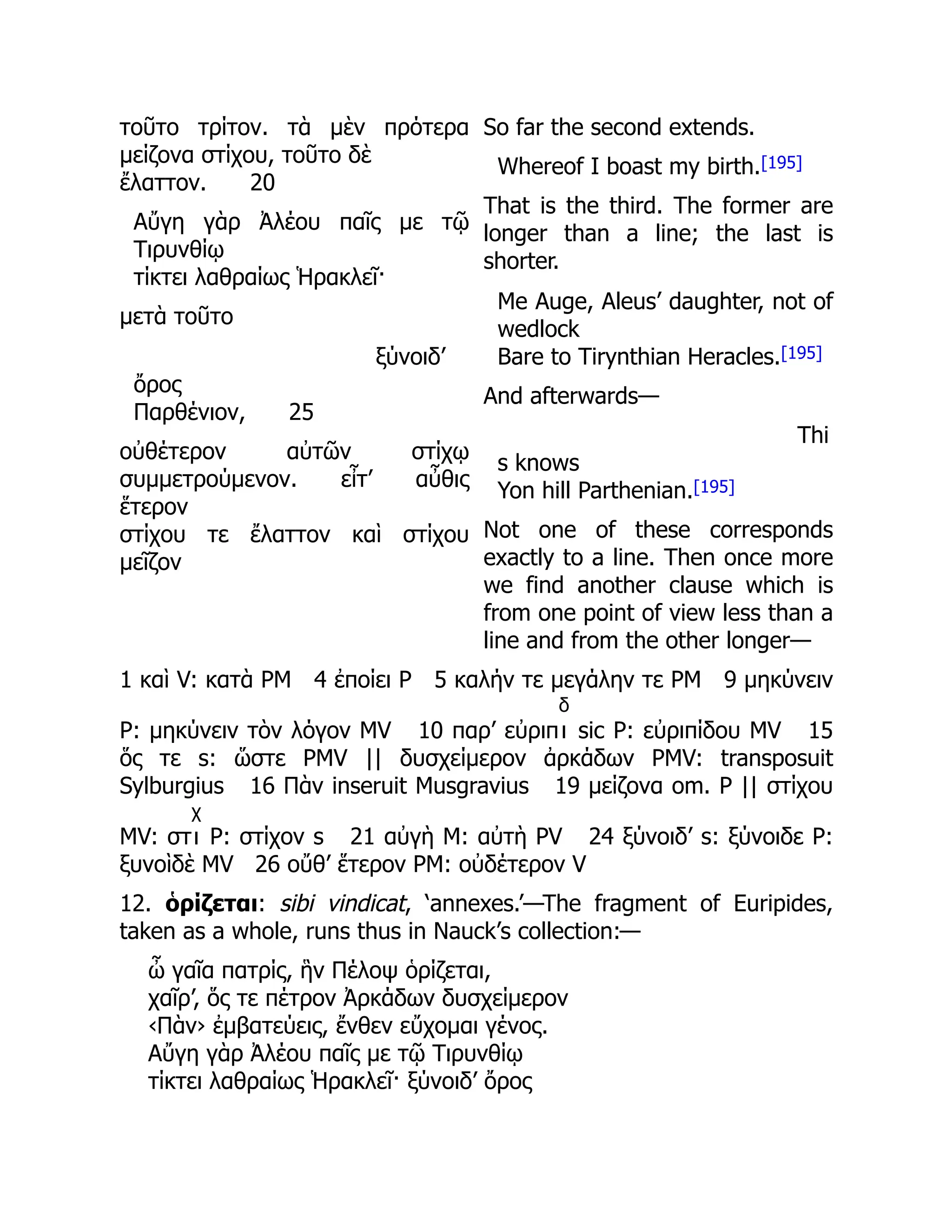 τοῦτο τρίτον. τὰ μὲν πρότερα
μείζονα στίχου, τοῦτο δὲ
ἔλαττον. 20
Αὔγη γὰρ Ἀλέου παῖς με τῷ
Τιρυνθίῳ
τίκτει λαθραίως Ἡρακλεῖ·
μετὰ τοῦτο
ξύνοιδ’
ὄρος
Παρθένιον, 25
οὐθέτερον αὐτῶν στίχῳ
συμμετρούμενον. εἶτ’ αὖθις
ἕτερον
στίχου τε ἔλαττον καὶ στίχου
μεῖζον
So far the second extends.
Whereof I boast my birth.[195]
That is the third. The former are
longer than a line; the last is
shorter.
Me Auge, Aleus’ daughter, not of
wedlock
Bare to Tirynthian Heracles.[195]
And afterwards—
Thi
s knows
Yon hill Parthenian.[195]
Not one of these corresponds
exactly to a line. Then once more
we find another clause which is
from one point of view less than a
line and from the other longer—
1 καὶ V: κατὰ PM 4 ἐποίει P 5 καλήν τε μεγάλην τε PM 9 μηκύνειν
P: μηκύνειν τὸν λόγον MV 10 παρ’ εὐριπ
δ
ι sic P: εὐριπίδου MV 15
ὅς τε s: ὥστε PMV || δυσχείμερον ἀρκάδων PMV: transposuit
Sylburgius 16 Πὰν inseruit Musgravius 19 μείζονα om. P || στίχου
MV: στ
χ
ι P: στίχον s 21 αὐγὴ M: αὐτὴ PV 24 ξύνοιδ’ s: ξύνοιδε P:
ξυνοὶδὲ MV 26 οὔθ’ ἕτερον PM: οὐδέτερον V
12. ὁρίζεται: sibi vindicat, ‘annexes.’—The fragment of Euripides,
taken as a whole, runs thus in Nauck’s collection:—
ὦ γαῖα πατρίς, ἣν Πέλοψ ὁρίζεται,
χαῖρ’, ὅς τε πέτρον Ἀρκάδων δυσχείμερον
‹Πὰν› ἐμβατεύεις, ἔνθεν εὔχομαι γένος.
Αὔγη γὰρ Ἀλέου παῖς με τῷ Τιρυνθίῳ
τίκτει λαθραίως Ἡρακλεῖ· ξύνοιδ’ ὄρος
 